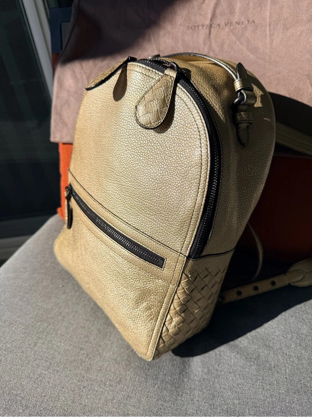 Bottega Veneta Intrecciato Golden Leather Backpack Rucksack authentic excellent